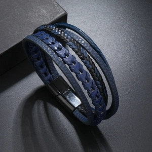 Men's multilayer woven leather bracelet with black magnetic clasp in navy and black