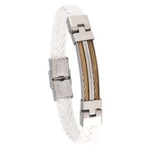 Mens white braided leather bracelet with stainless steel gold wire accents and silver clasp