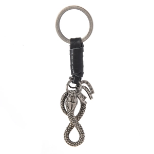 Vintage Hand-Woven Cowhide Leather Keychain For Men Women Antique Silver Metal Coiled Snake Horseshoe Star Pendant Key Ring