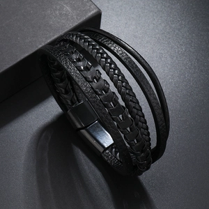Men's multilayer black braided leather bracelet with magnetic stainless steel buckle
