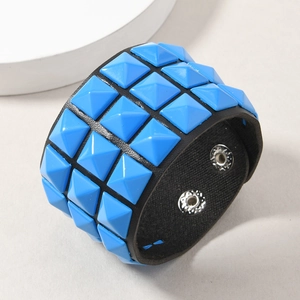 Punk black leather bracelet with three rows of blue pyramid studs and snap buttons