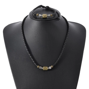 Retro Tibetan swastika totem necklace and bracelet set with black woven rope