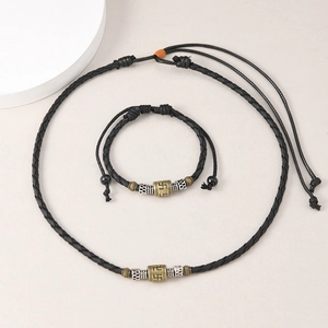 Men Retro Ethnic Pendant Necklace Bracelet Set Woven Leather Wax Rope Adjustable Religious Symbol Totem Alloy Jewelry Gift