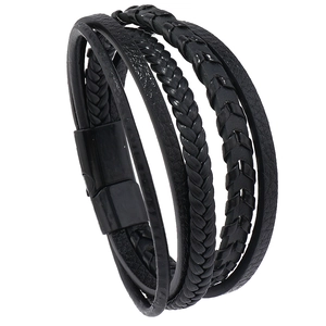 Men's multi-layer black braided leather bracelet with high-grade magnetic metal clasp