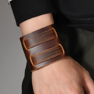 Pulsera ancha de cuero para hombre estilo hip-hop con patrón de dragón y textura retro