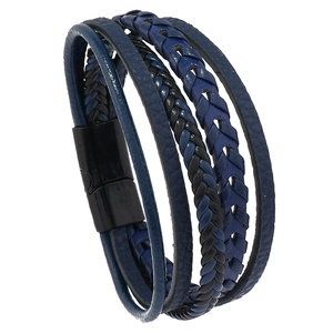 Men's multilayer braided leather bracelet with black magnetic clasp in navy and black