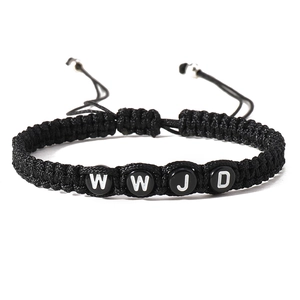 Adjustable black woven bracelet with WWJD letter beads and drawstring closure