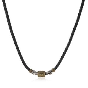 Vintage Buddhist swastika pendant necklace with black braided cord and metallic beads