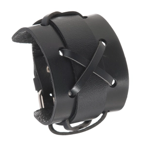 Bracelet manchette large en cuir noir pour homme style rétro punk et lacets