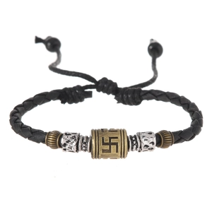 Vintage Tibetan style braided cord necklace with bronze swastika totem pendant