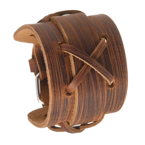 Bracelet homme en cuir marron vintage large avec coutures punk et boucle réglable