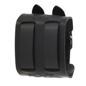 Pulsera ancha de cuero negro con diseño de dragón grabado y hebilla de metal plateado