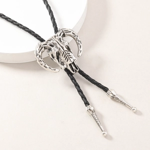 Bolo Tie mit silbernem Ziegenschädel und schwarzer geflochtener PU-Lederschnur für Herren