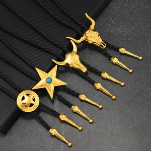 Cravate Bolo Vintage Western Cowboy en Alliage de Zinc Plaquée Or Pendentif Tête de Taureau Mouton Pentagramme Corde Cuir PU Homme Femme