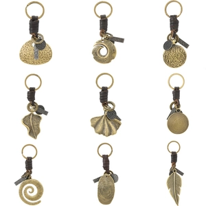 Vintage Industrial Alloy Ginkgo Leaf Feather Keychain Cowhide Woven Leather Pendant Retro Metal Keyring For Men Women Gift