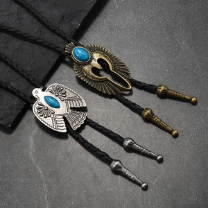 Vintage eagle bolo ties with turquoise inlay on black woven leather cord necklaces