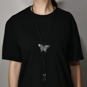 Vintage butterfly bolo tie necklace with silver alloy pendant and black braided PU cord