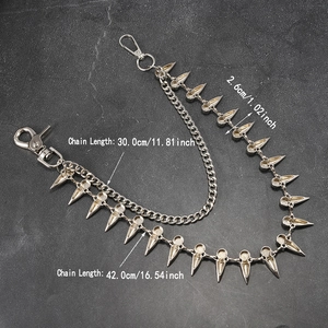 Punk style double-layered silver metal pant chain with spike details and lobster clasps