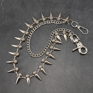 Silver punk waist chain with metal skulls and cone spikes for hip-hop street style