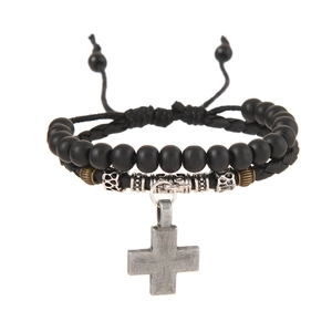 Set di bracciali a croce retrò con perline nere opache e corda in pelle intrecciata