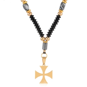 Ensemble Collier et Bracelet en Perles Croix de Malte Vintage en Acier Inoxydable Obsidienne Noire Perles en Bois Bijoux Punk Unisexe