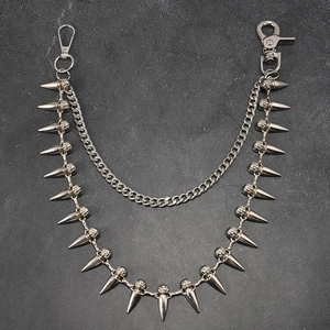 Detail of hip-hop punk double-layer metal waist chain with skull spikes and lobster clasps