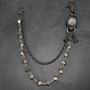 Double-layer punk wallet chain with metal dice charms and black leather concho strap