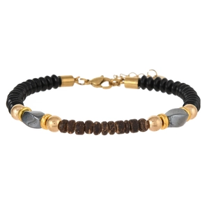 Bracelet ajustable en perles d'obsidienne noire, hématite et bois de coco naturel poli
