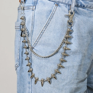 Double-layer silver metal pants chain with skulls and spikes on denim jeans