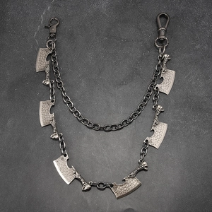 Double-layer punk hip-hop pants chain with skull cleaver pendants in vintage silver finish