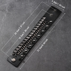 Detailed dimension guide for black punk leather bracelet with rivets and chain