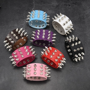 Punk style multi-color leather wristbands with three rows of cone metal rivets spikes