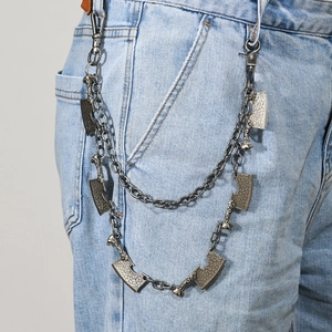 Double-layer punk pants chain with a mini meat cleaver pendant on denim jeans