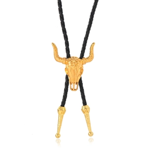 Cravate bolo western avec crâne de taureau doré et cordon en cuir noir tressé élégant