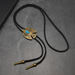 Vintage eagle bolo tie with turquoise pendant and adjustable leather rope necklace