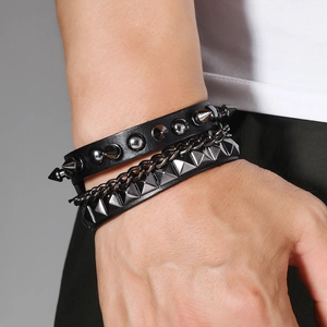 Punk style leather bracelet set with metallic studs and chain for men and women