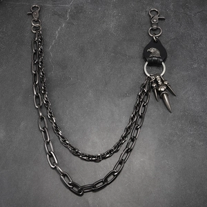 Double-layered punk pants chain in gunmetal with leather eagle crest and metallic spikes