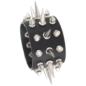 Bracelet Manchette en Cuir PU Noir Punk Rock Avec Pointes de Rivet à Cône en Métal Argenté Pour Hommes Femmes Bijoux de Fête