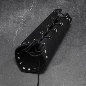Adjustable black faux leather bracer with punk silver rivets and snakeskin texture