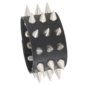 Punk Rock Black PU Leather Wide Bracelet Cuff With 3 Row Silver Metal Spikes Rivets Adjustable Snap Button Men Jewelry
