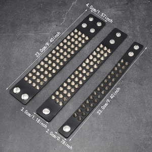 Three punk leather bracelets with silver spikes and sizing measurements in inches and cm