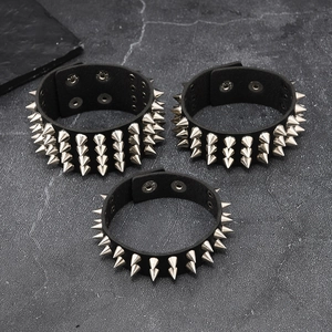 Three-piece punk rock black leather bracelet set with silver metal spikes and studs