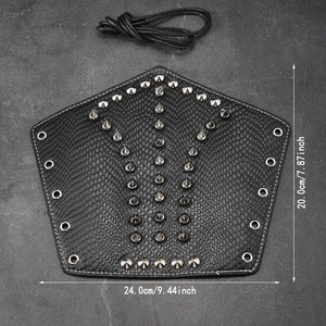 Punk black leather wristband with silver metal rivets and braided cord, 20x24cm size