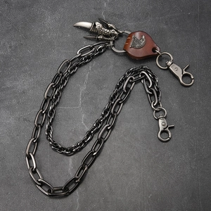 Punk hip-hop double-layer metal wallet chain with leather accents and eagle pendant