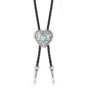 Bolo Tie mit Herz-Türkis-Anhänger, silberner Gravur und schwarzer geflochtener Lederkordel