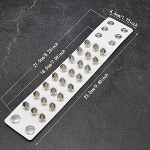 Detailed size guide of white leather punk bracelet with five rows of silver cone spikes