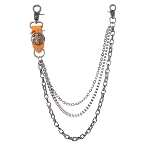 Chaîne de pantalon punk à trois niveaux avec pendentif croix en cuir orange sur fond blanc