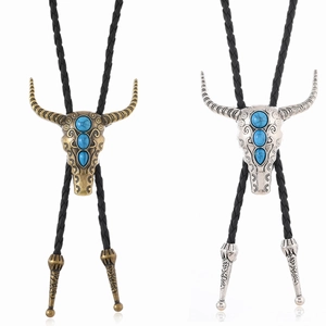 Vintage Western Cowboy Stierschädel Bolo-Krawatte Legierung Synthetischer Türkis Eingelegte Krawatte Verstellbares Lederseil Unisex