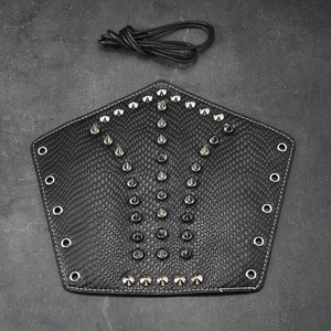 Detail view of black faux leather punk bracer with snake pattern and metal rivets