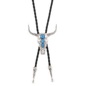 Vintage Bolo Tie mit silbernem Bullenkopf Anhänger und Türkis Inlay auf schwarzer Kordel